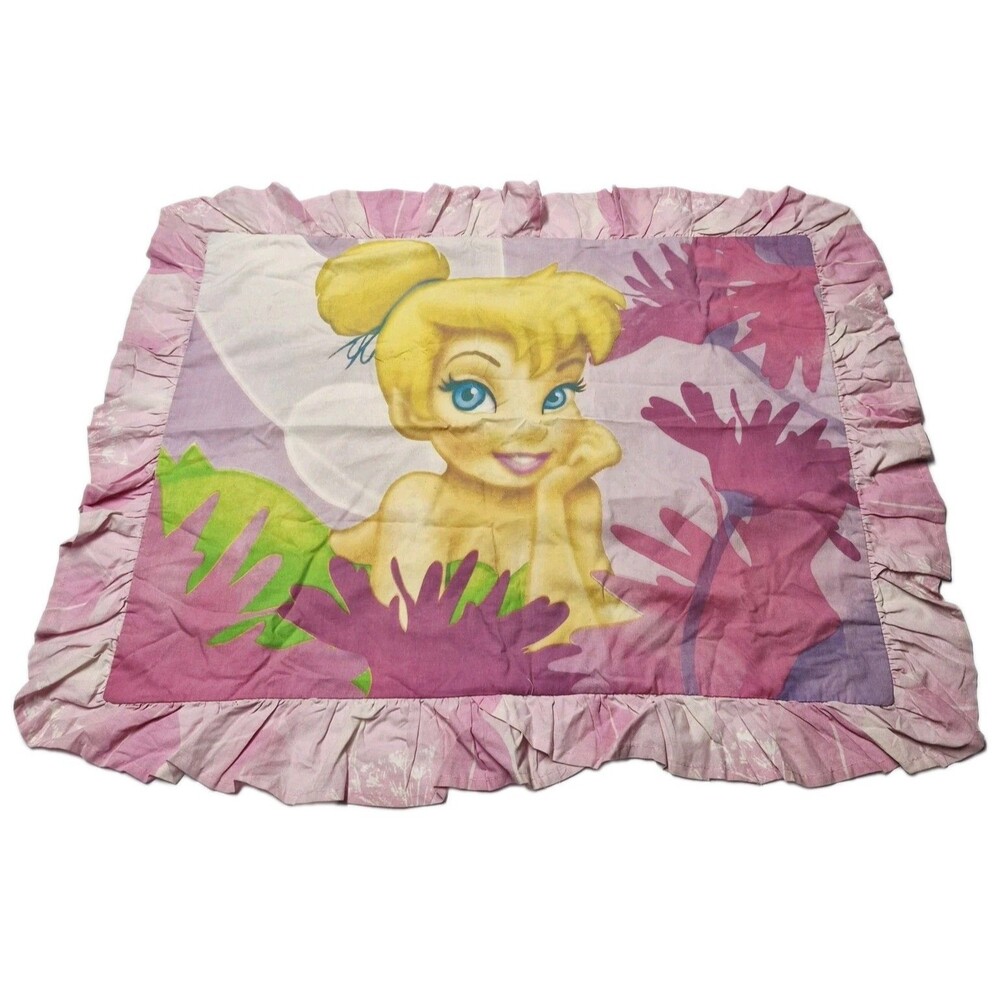 Vtg Disney Tinker Bell Pink Ruffled Pillow Sham Y2K Fairycore Bedding Fairy
